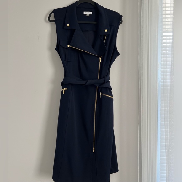 Calvin Klein Dresses & Skirts - Calvin Klein Sheath Moto Dress Full Zip with Belt Dark Navy Sleveles